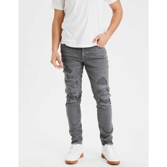 American Eagle AirFlex+ Slim Distressed Gray Acid Wash Jeans Men 31x30 Destroyed - Picture 1 of 12